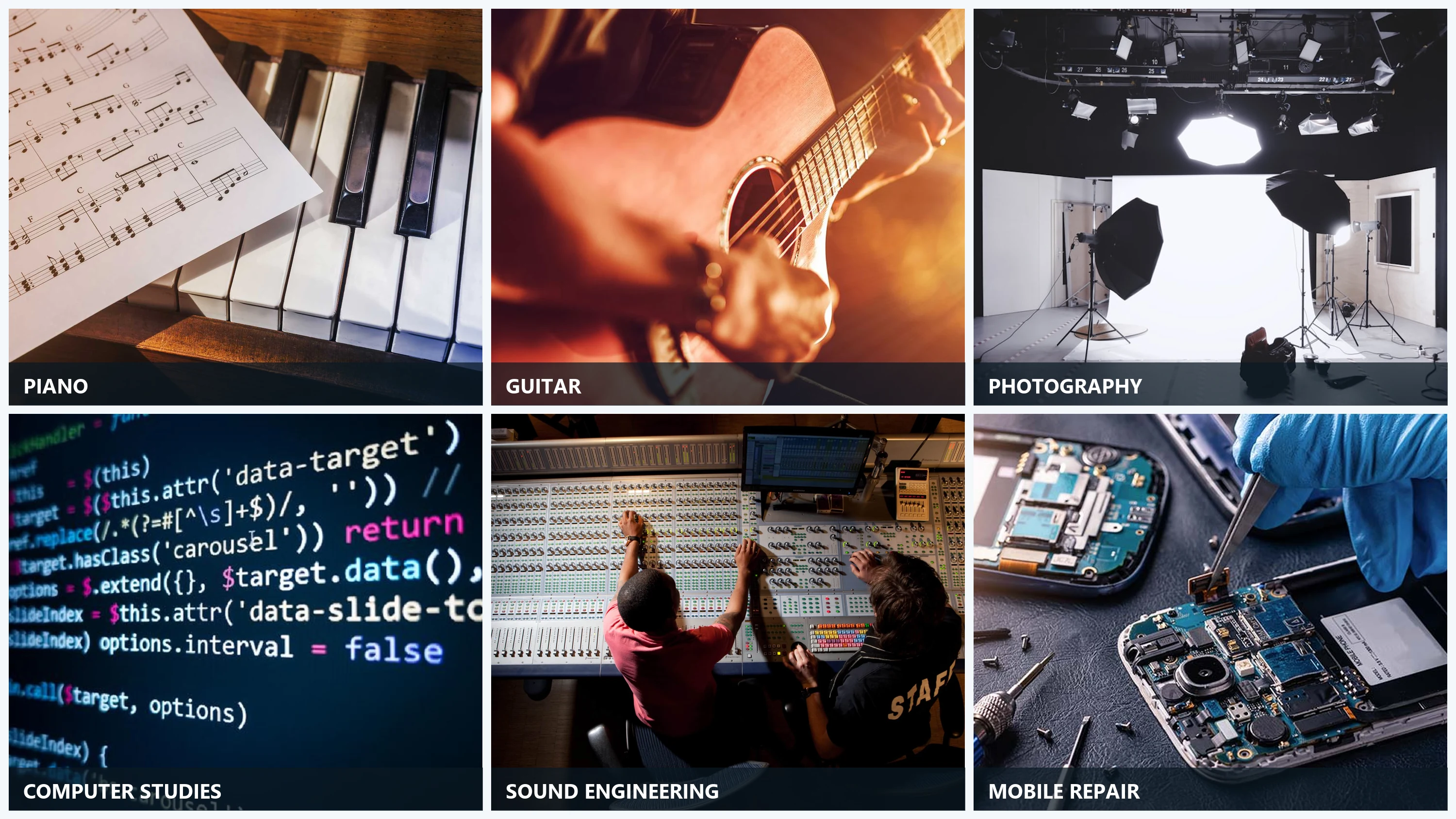 Photo collage of MTTI course areas: piano, guitar, photography, computer studies, sound engineering and mobile repair